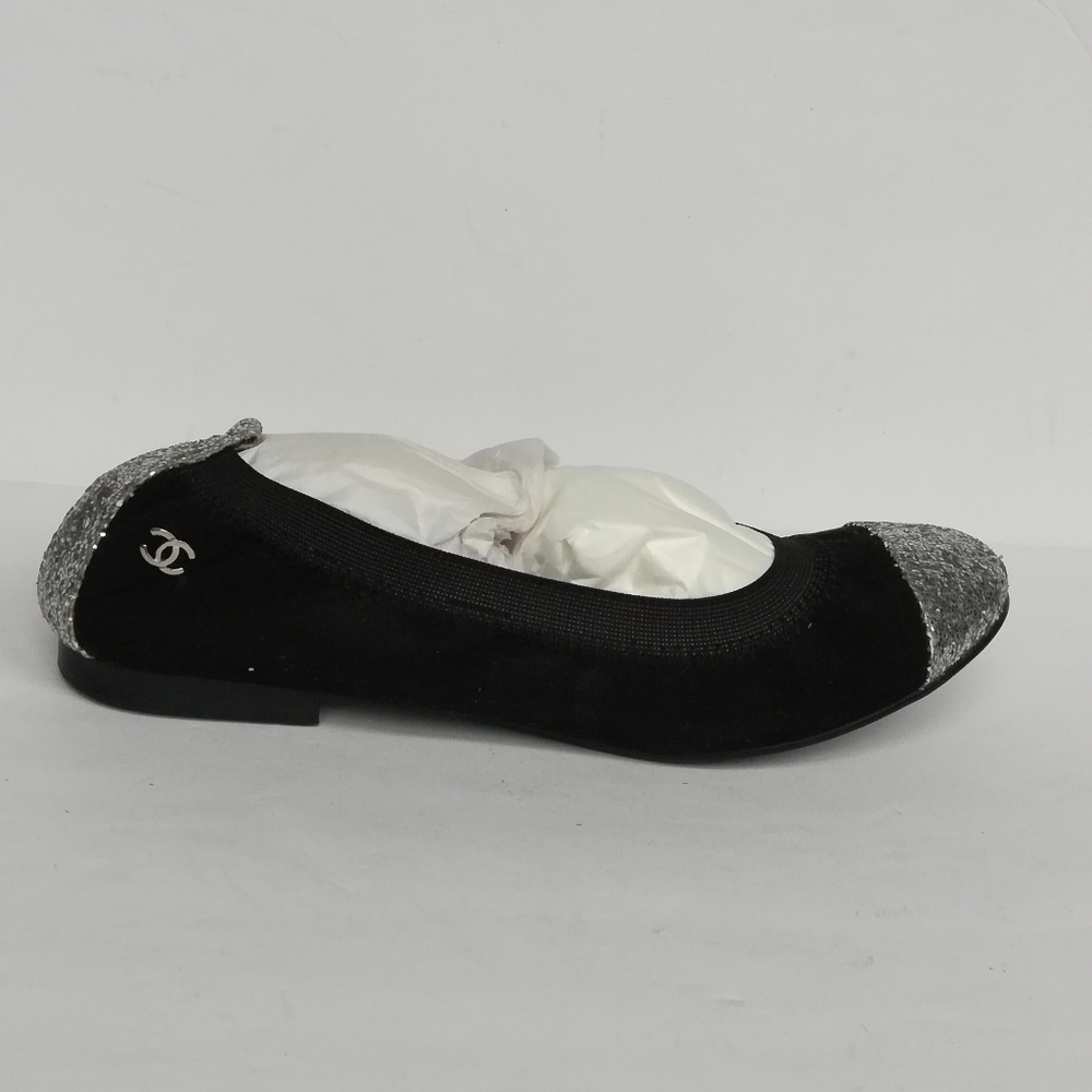 Chanel Folding Ballet Flats Glitter Cap Toe/ Back